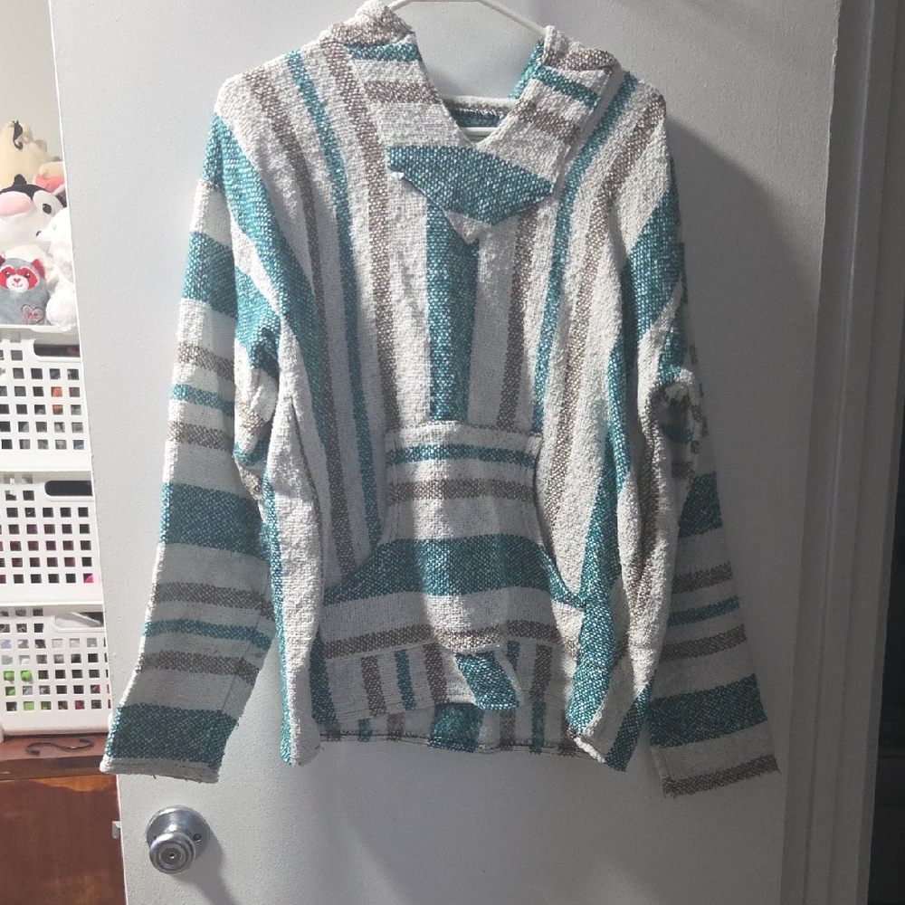 Stylish Teal and Gray Striped Cowl Neck Sweater